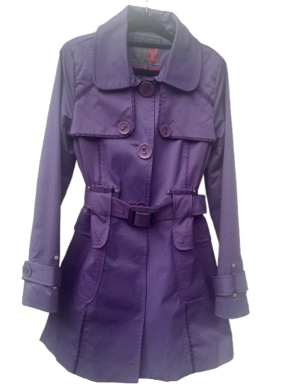 2XPOSE Purple Belted Trench Coat Jacket Medium Statement Buttons Mid-Length